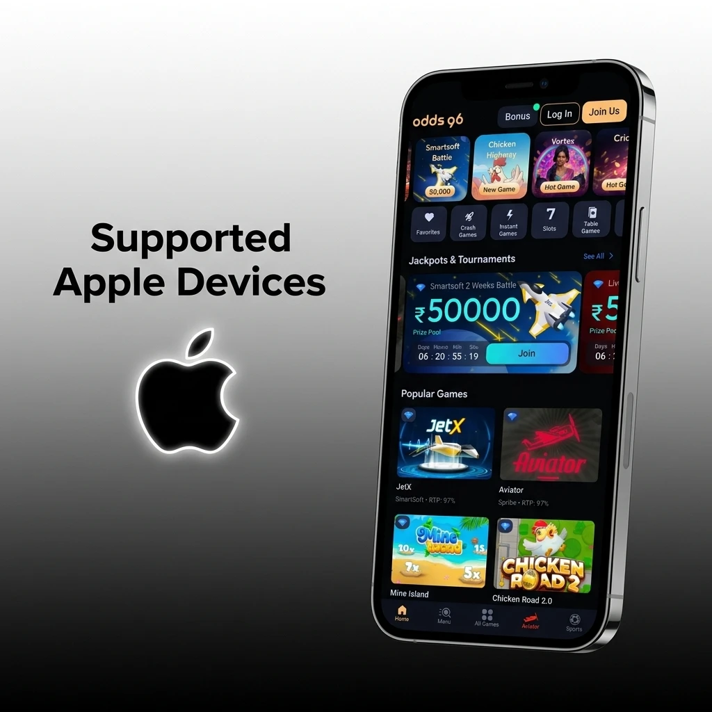Supported Apple devices for Odds96 app including iPhone SE, iPhone 11-15 Pro Max, and iPad models running iOS 12+